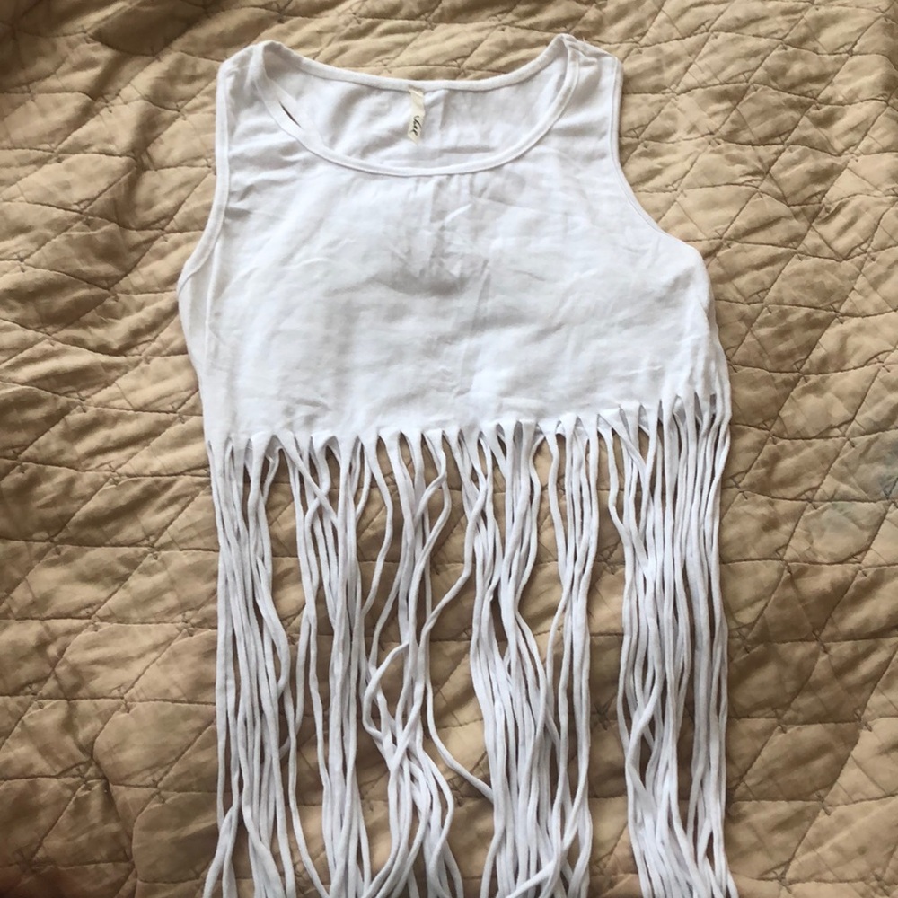 white cropped tank with dangling cloth strings
